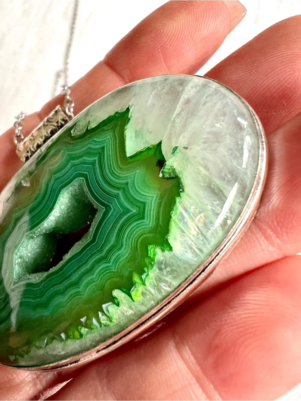 925 Micro Quartz Crystals + Bright Green Banded Agate Solar Pendant Necklace